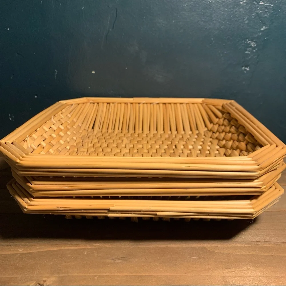 Set 3 Vintage Square Basket Trays Table  Wall Hanging Bread Woven Sewn Wicker